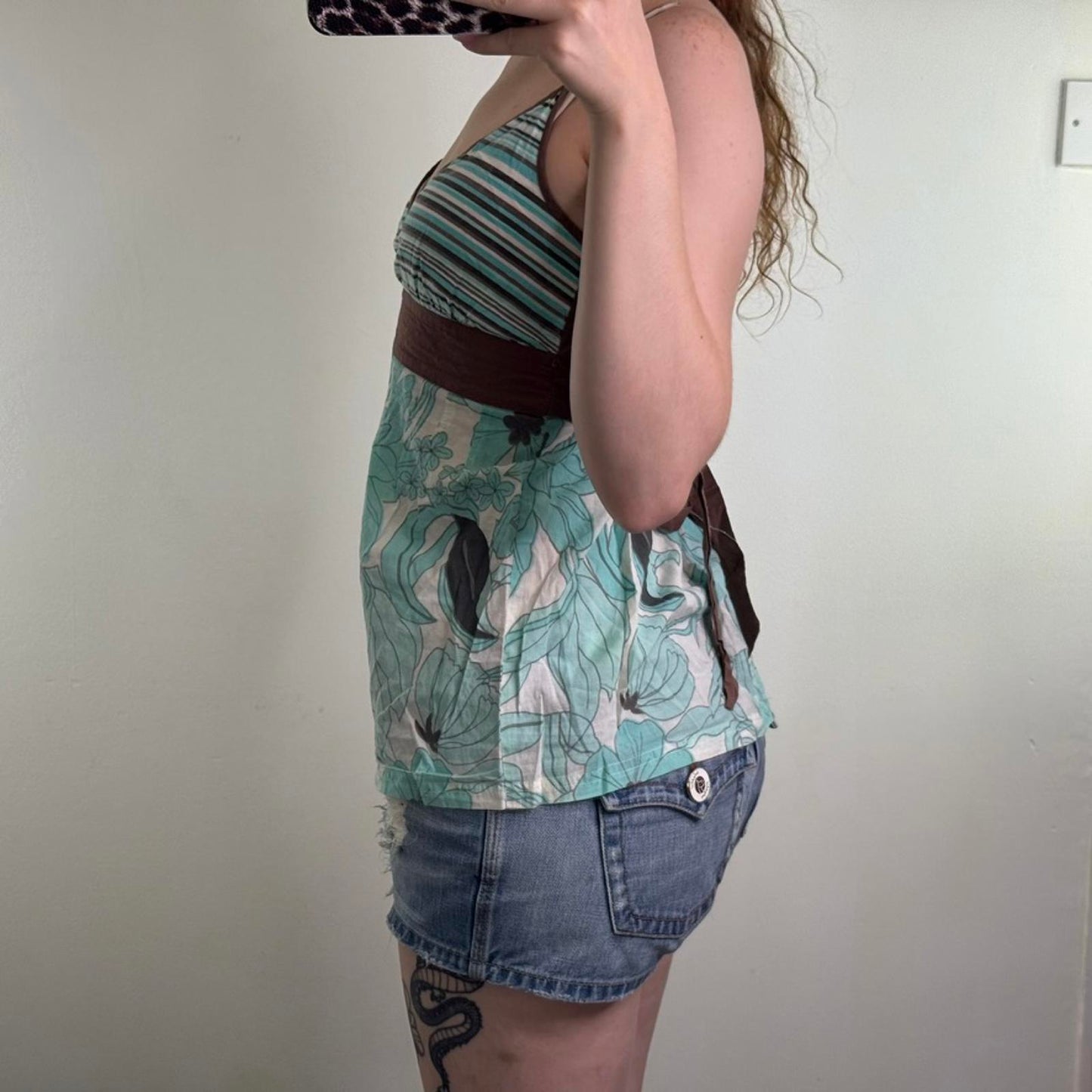 Y2K vintage stripe floral cami top adjustable tie back bow blue brown strappy