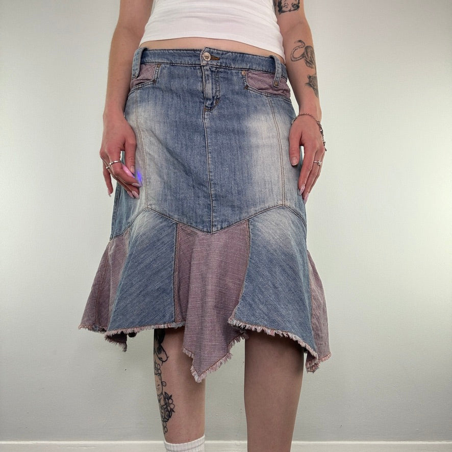 Y2K light denim patchwork frill fraying hem midi skirt