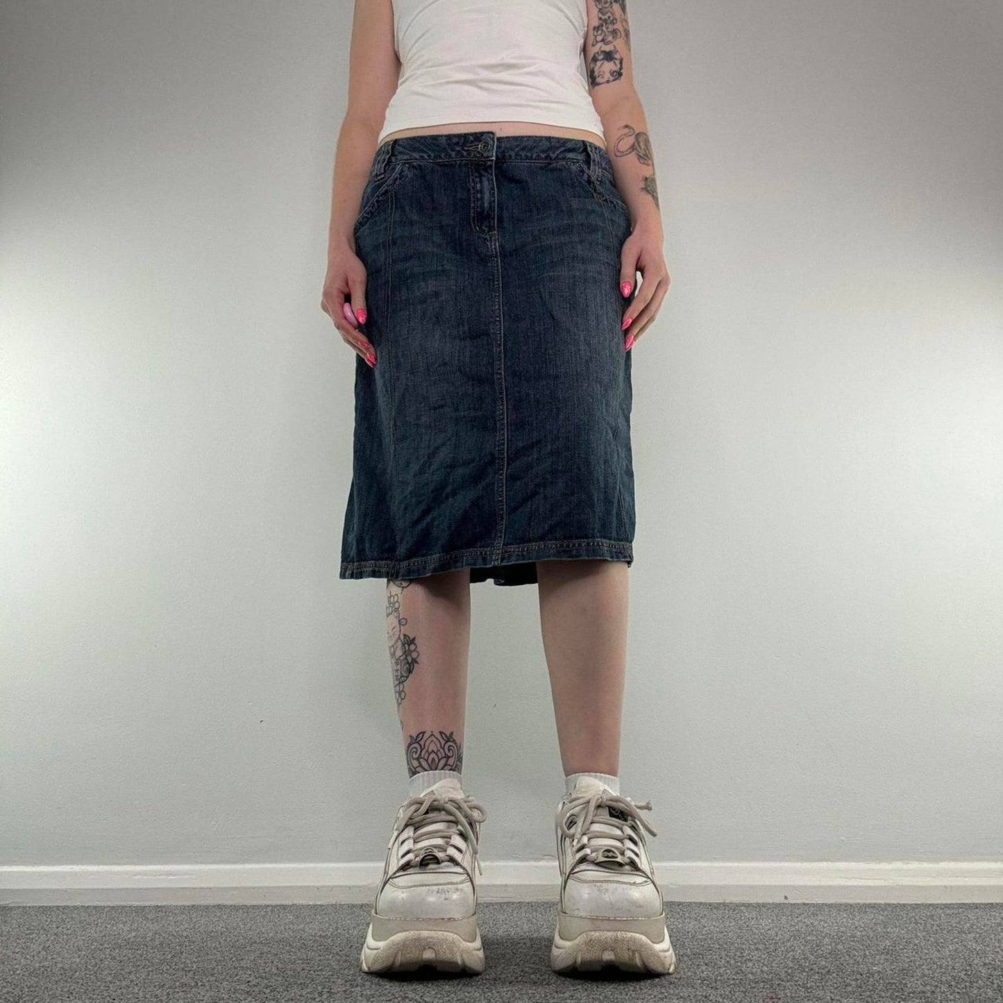 Y2K vintage cargo midi skirt a line buckle dark blue wash utility knee length