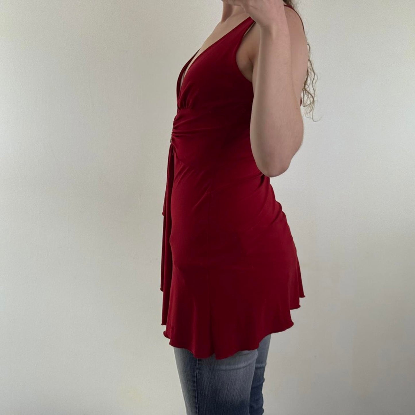 Y2K vintage slinky ruffle tank top ruched stretchy long length v neck red