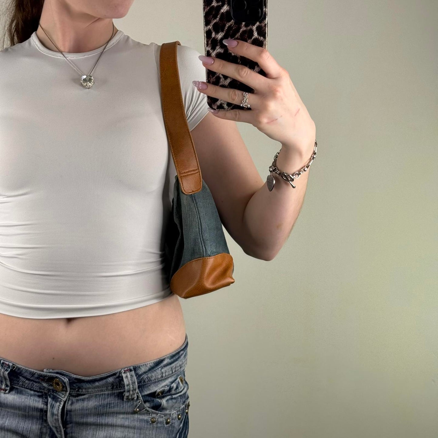 Y2K vintage denim faux leather mini shoulder bag zipper closure small blue brown