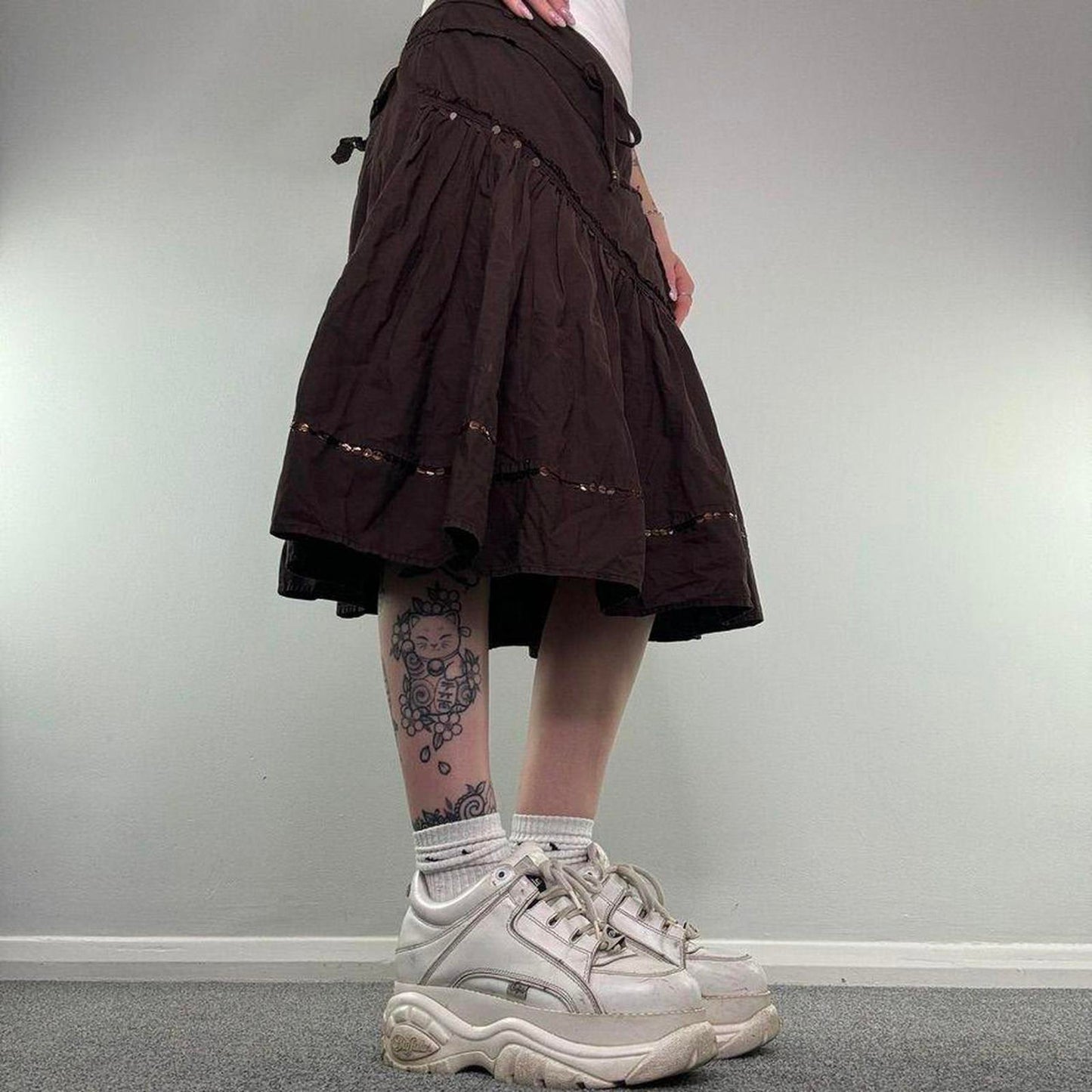 Y2K vintage asymmetrical cargo sequin midi skirt a line floaty embellished bow