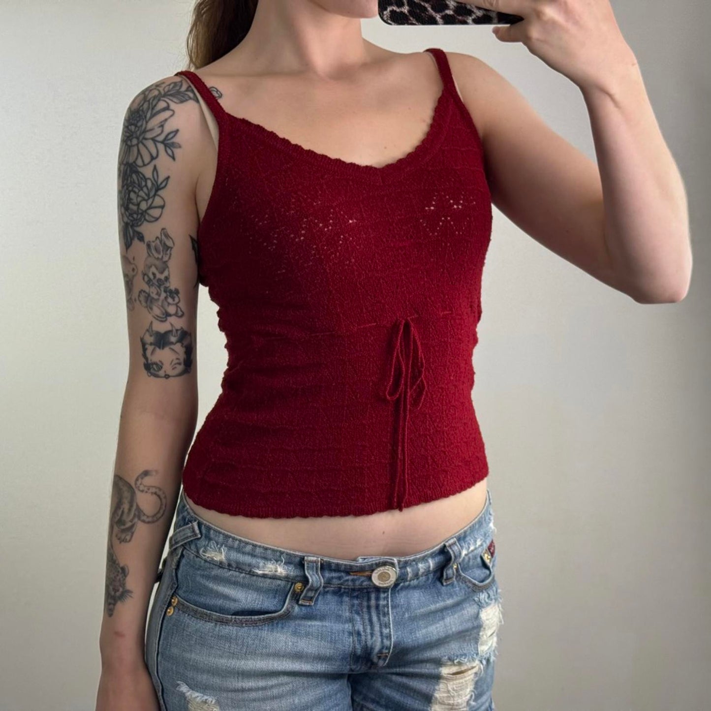Y2K vintage knitted cami tank top red bow slight crop short length stretchy red