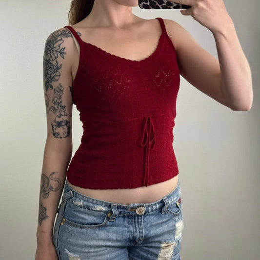 Y2K vintage knitted cami tank top red bow slight crop short length stretchy red