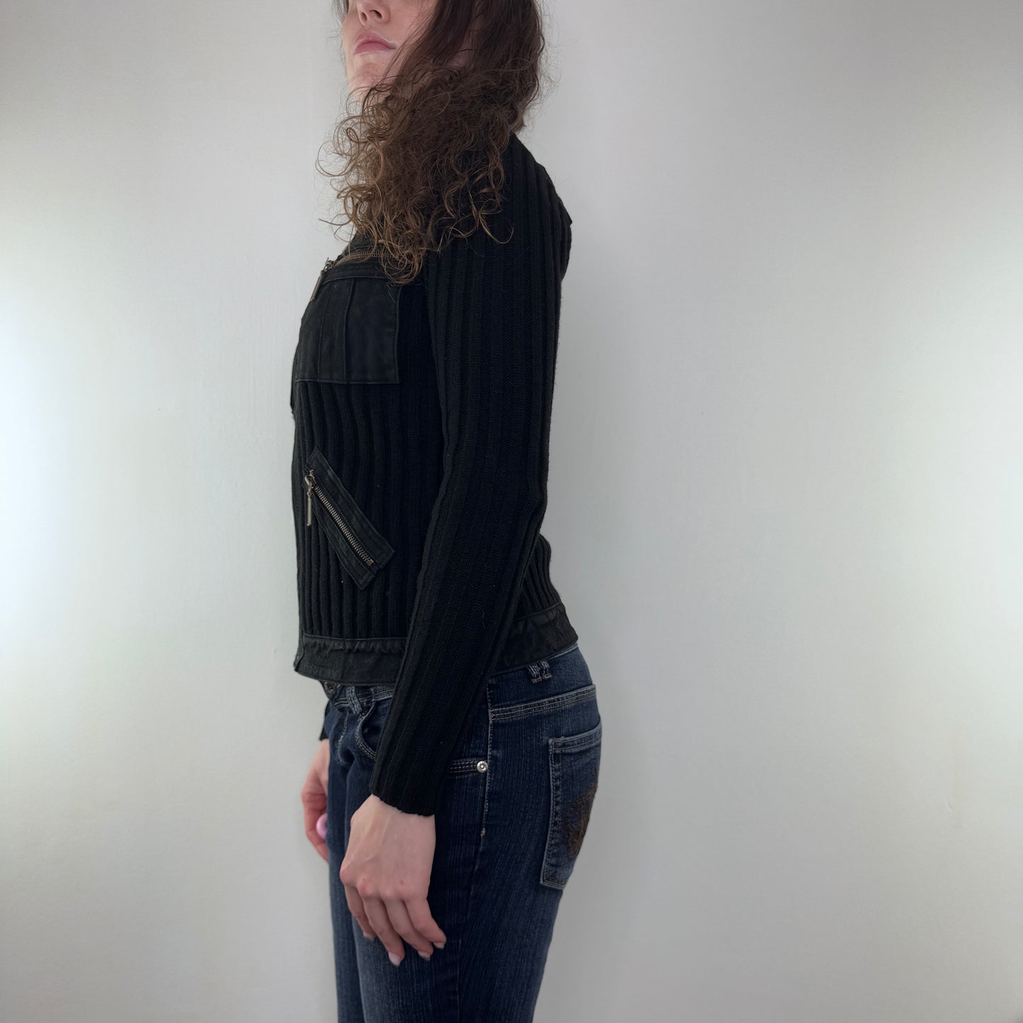Y2K vintage ribbed knit suede zip up jumper
