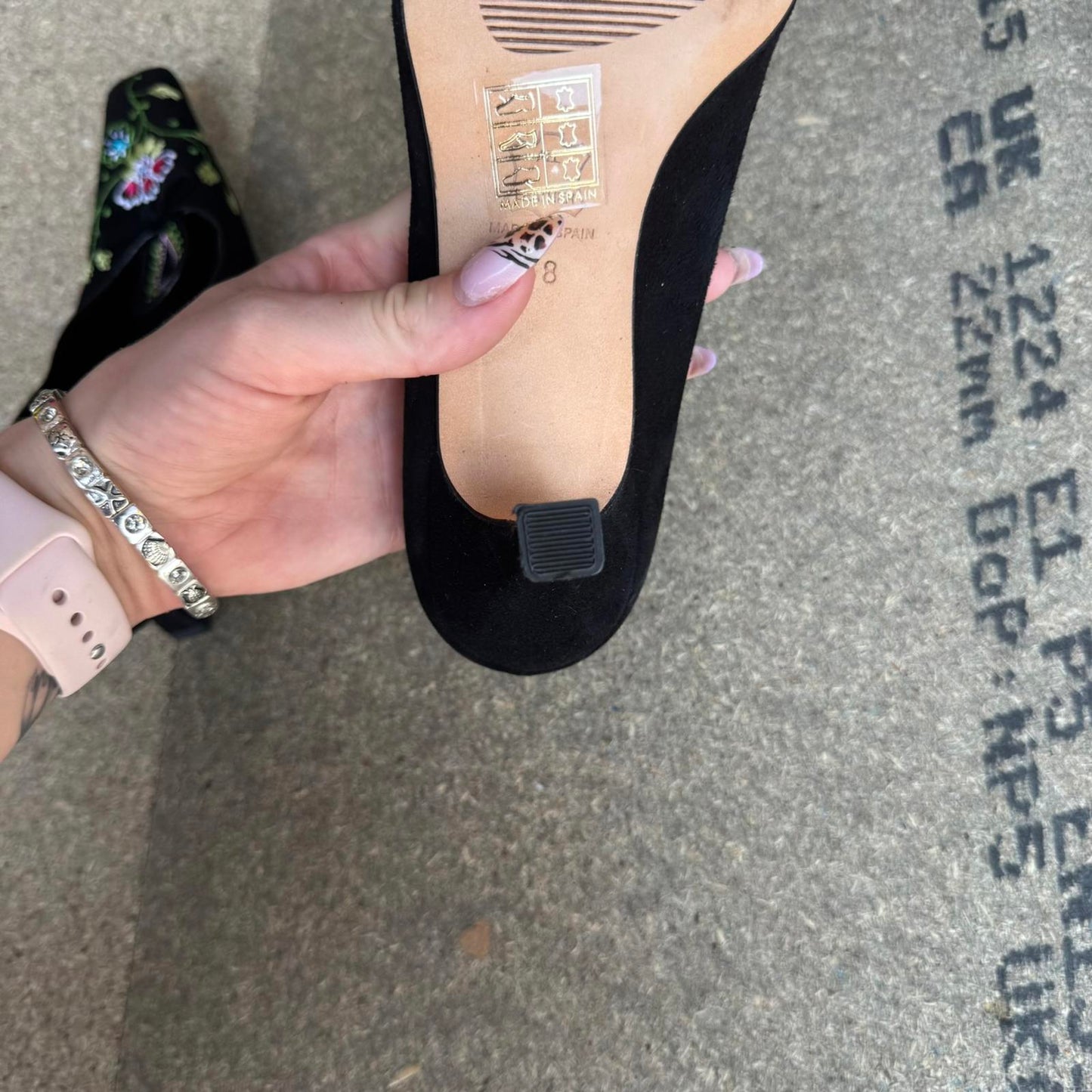 Y2K vintage LK Bennett suede heel floral embroidered square toe bow court heel