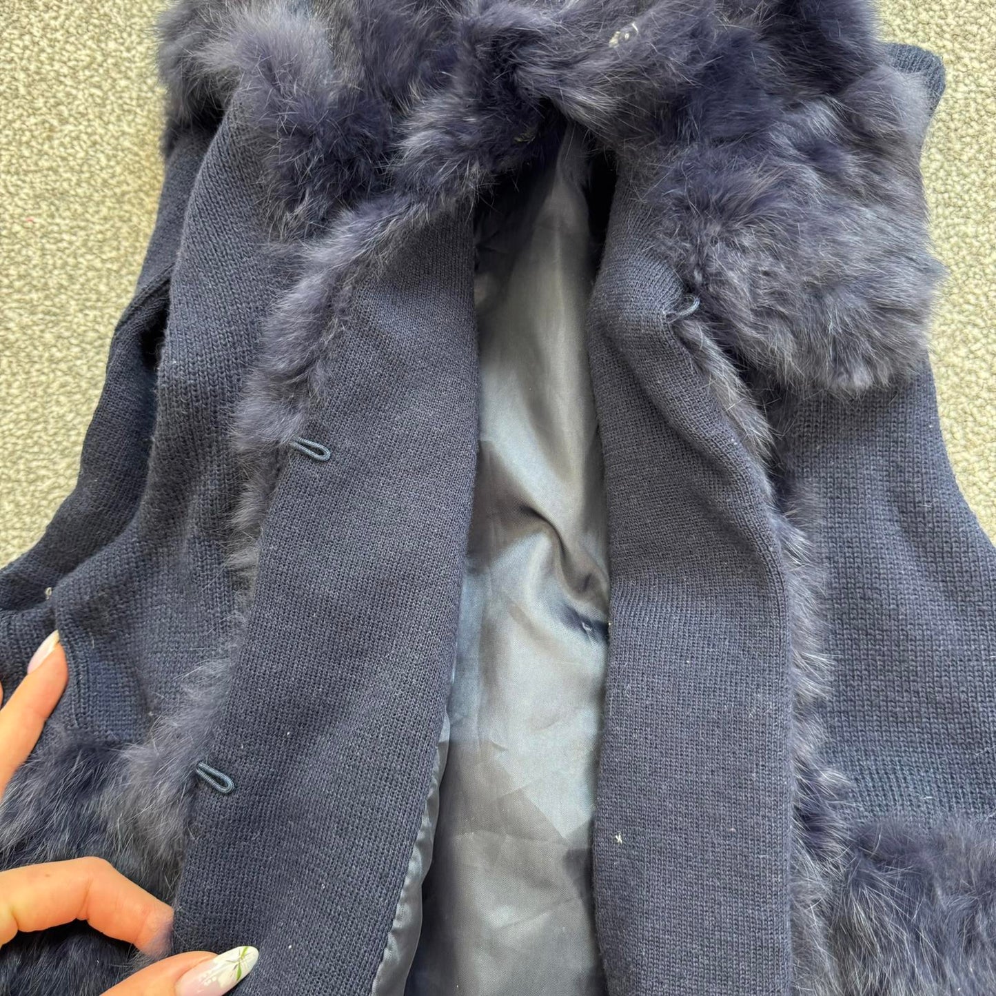 Genuine lapin rabbit fur gilet lace up back sleeveless jacket blue hook and eye