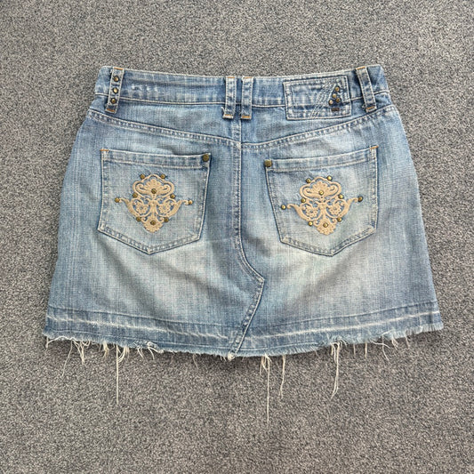 Y2K vintage studded embroidery faded denim low rise mini skirt