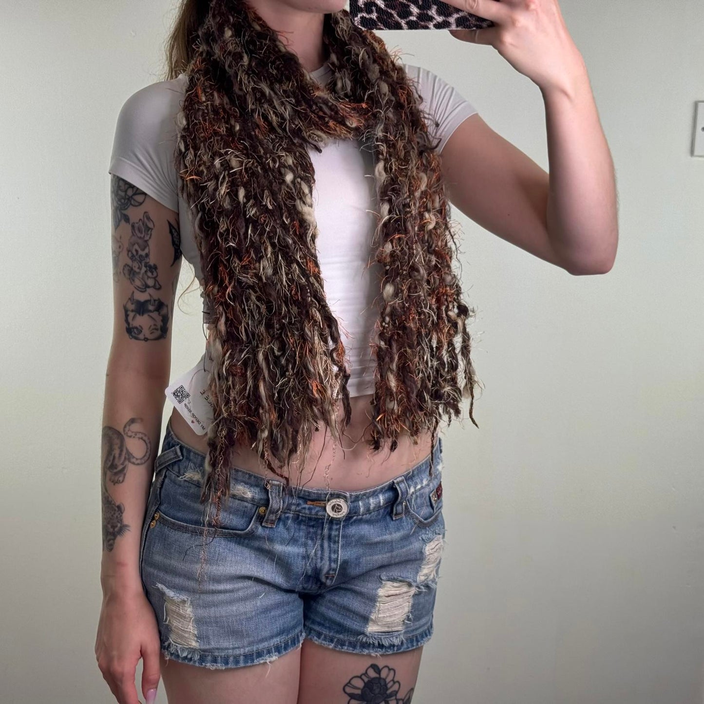 Y2K vintage Per Una wool blend scarf knit fluffy tassel brown cream orange