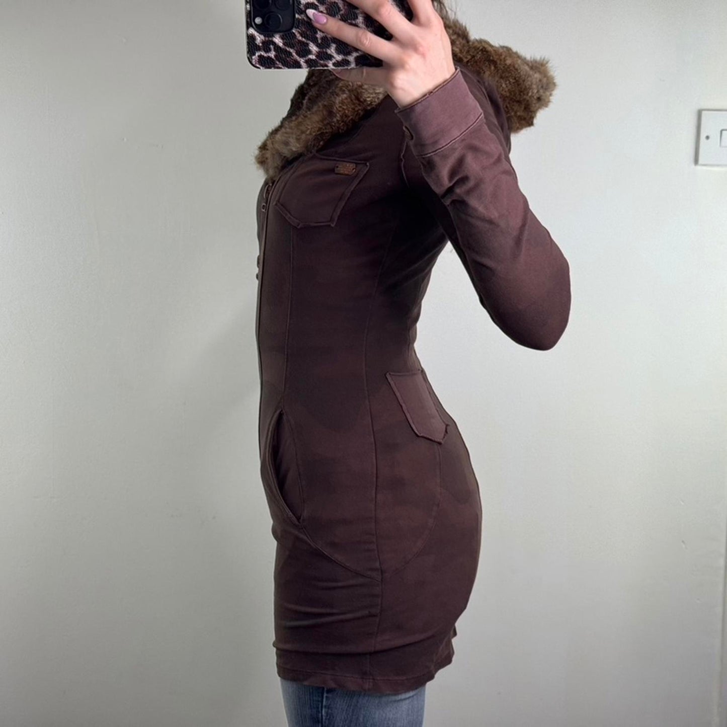 Y2K vintage genuine lapin rabbit fur fitted zip up hoodie camo print archive