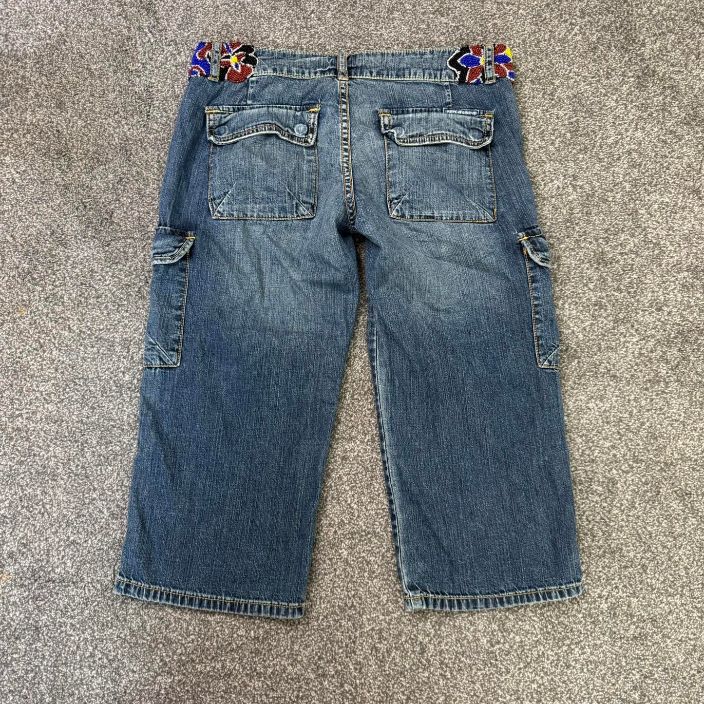 Y2K vintage low rise capri jeans baggy beaded embellished waistband cargo jorts