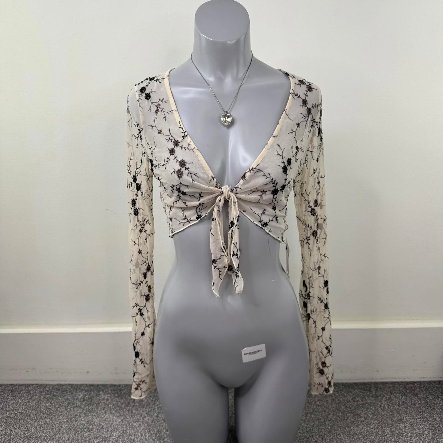 Y2K vintage mesh cardigan long sleeve floral embroidered bow sheer stretchy