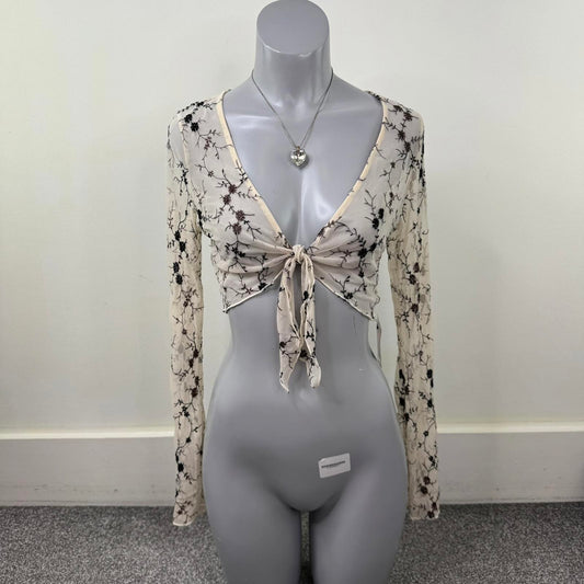 Y2K vintage mesh cardigan long sleeve floral embroidered bow sheer stretchy