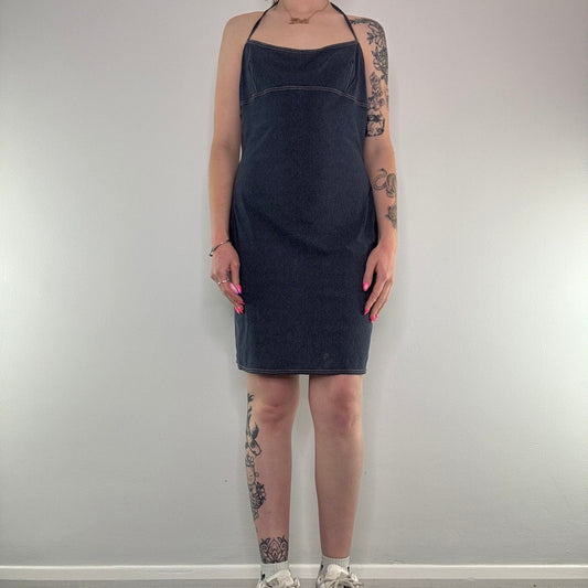 Y2K stretchy denim style halter neck midi dress