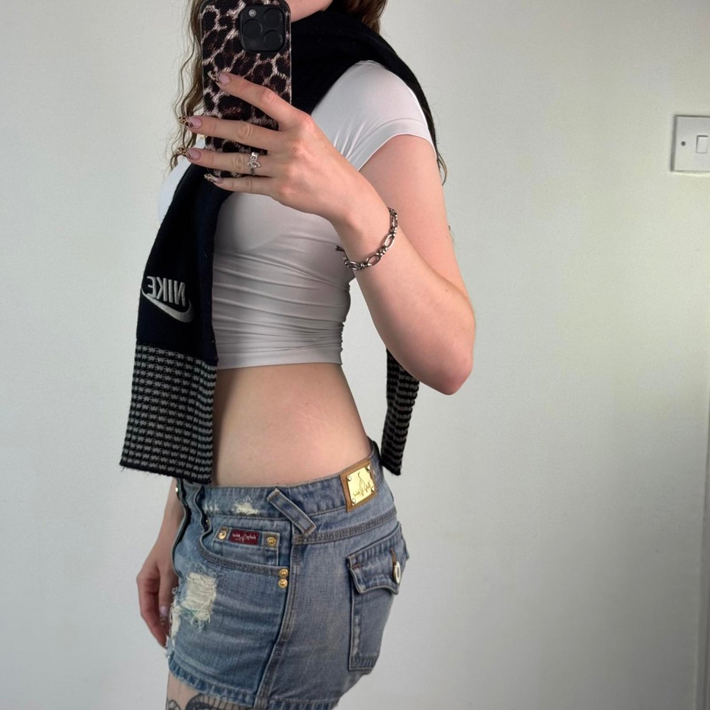 Y2K vintage Nike knit black grey stripe scarf unisex embroidered logo