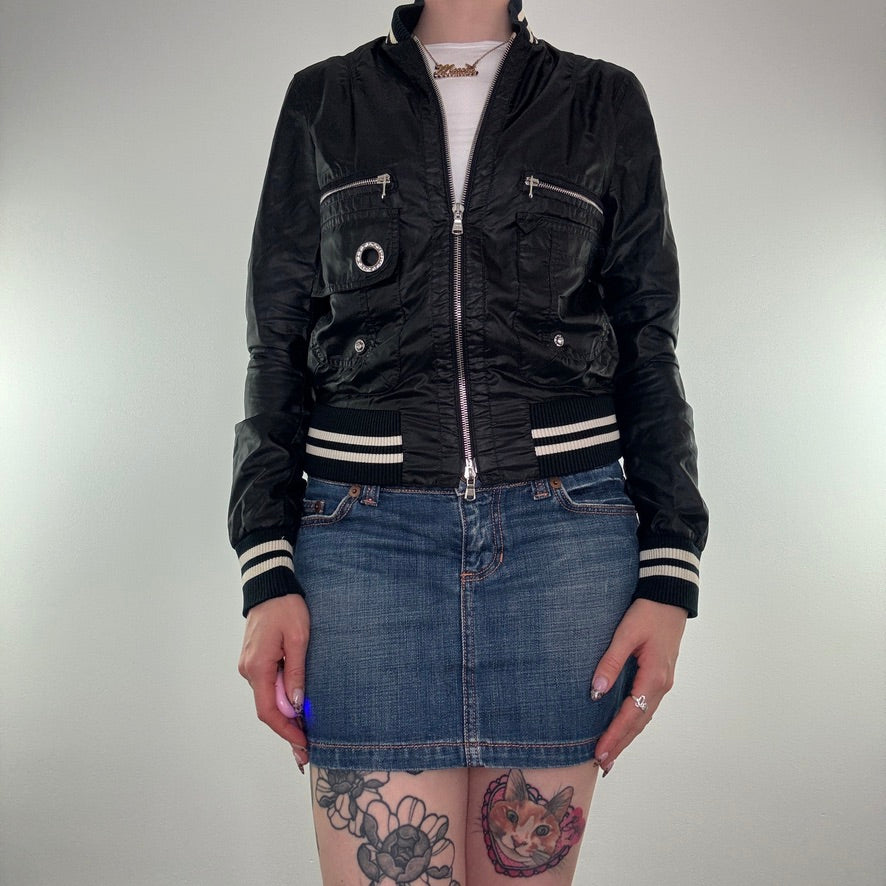 Y2K satin zip up rhinestone short cropped jacket