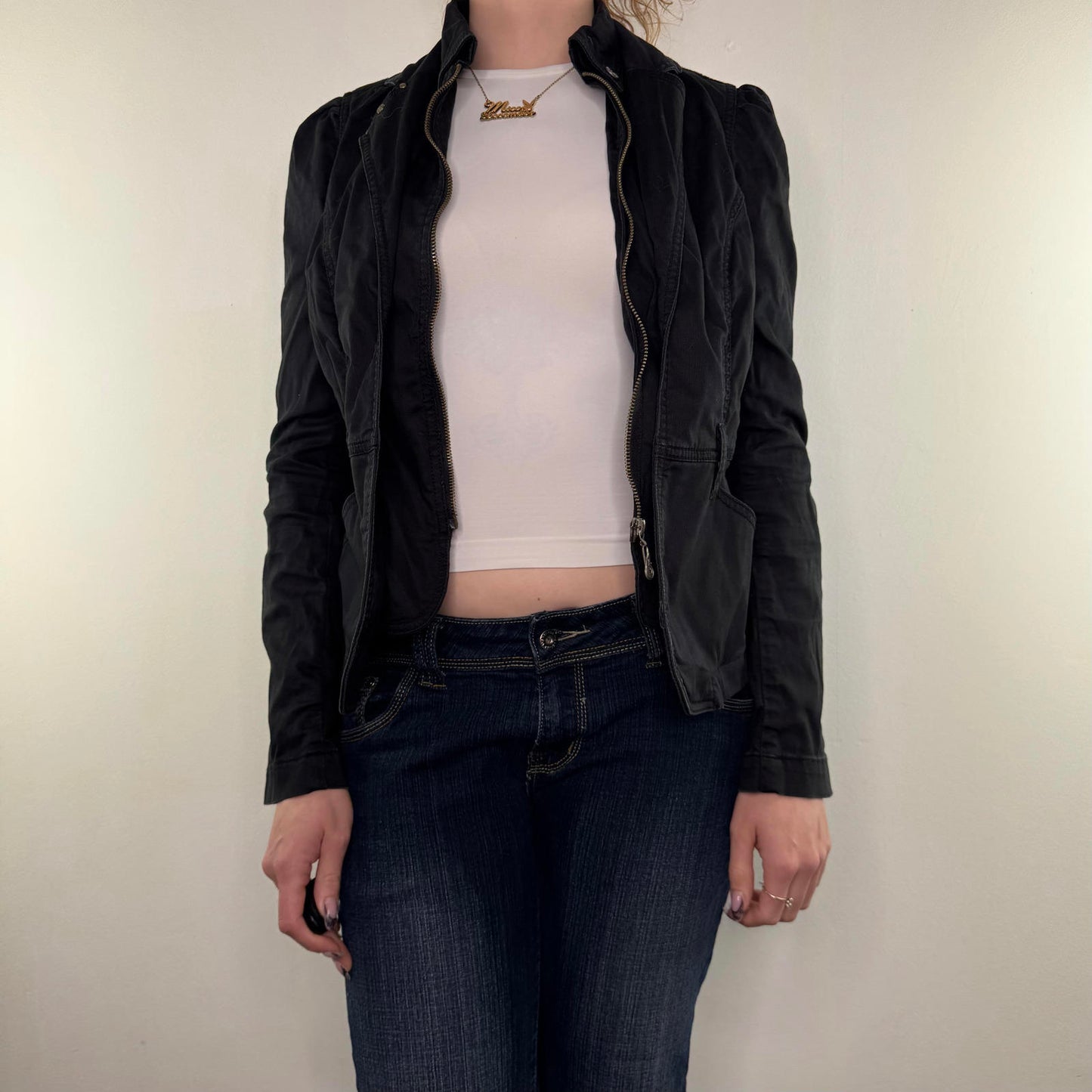 Y2K vintage fitted zip up denim blazer stretchy jacket archive avant garde