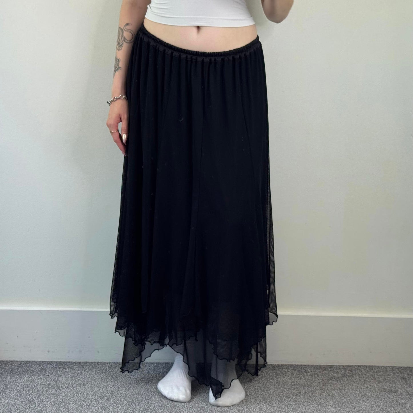 Y2K vintage mesh fishnet overlay maxi skirt lettuce asymmetrical hem stretchy