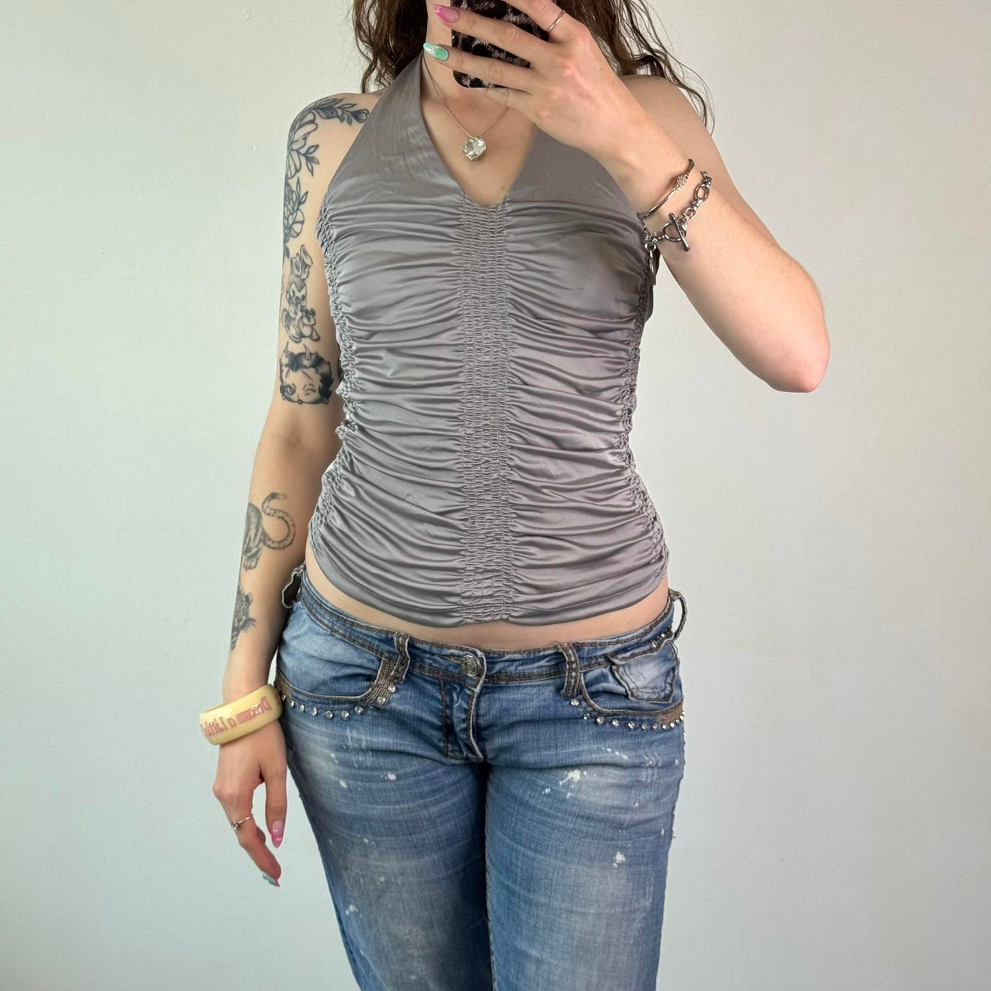 Y2K vintage slinky ruched halter neck v neck tie back stretchy ruched cyber