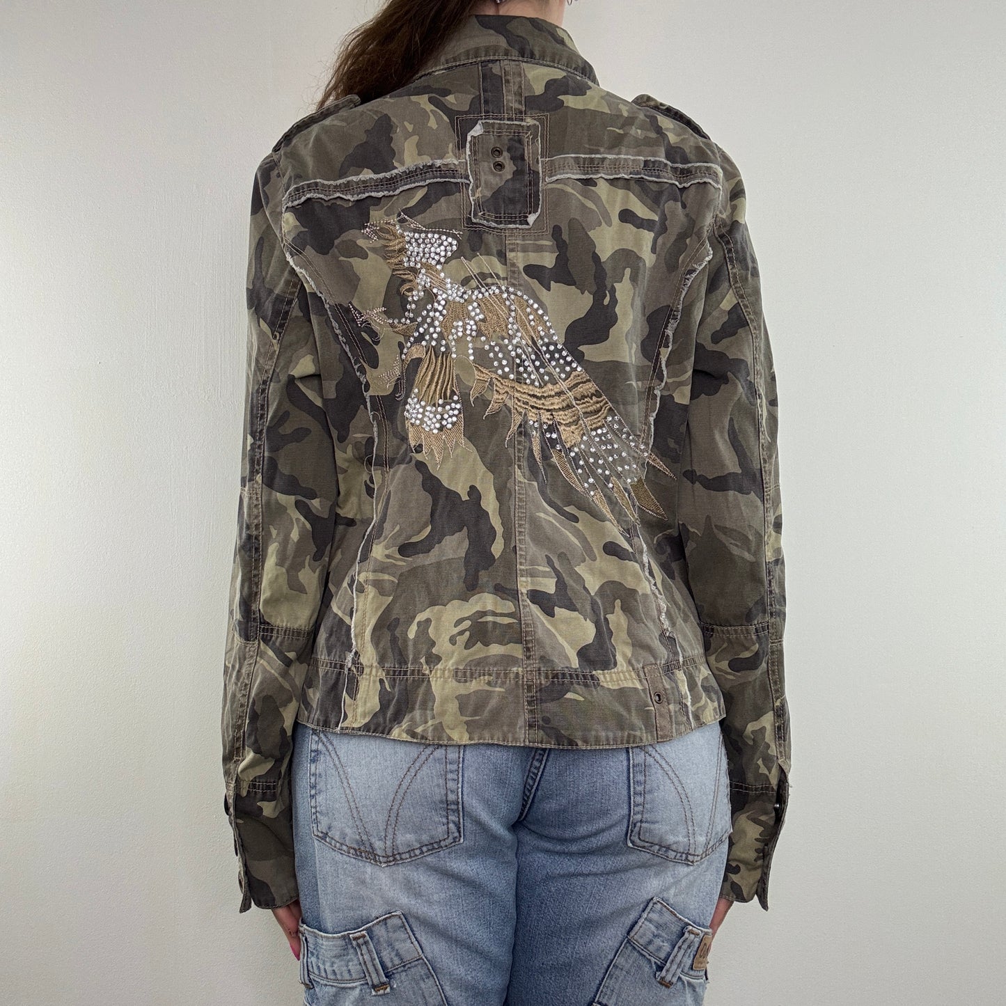 Y2K vintage denim jacket sequin phoenix camo embroidered fraying hem button up