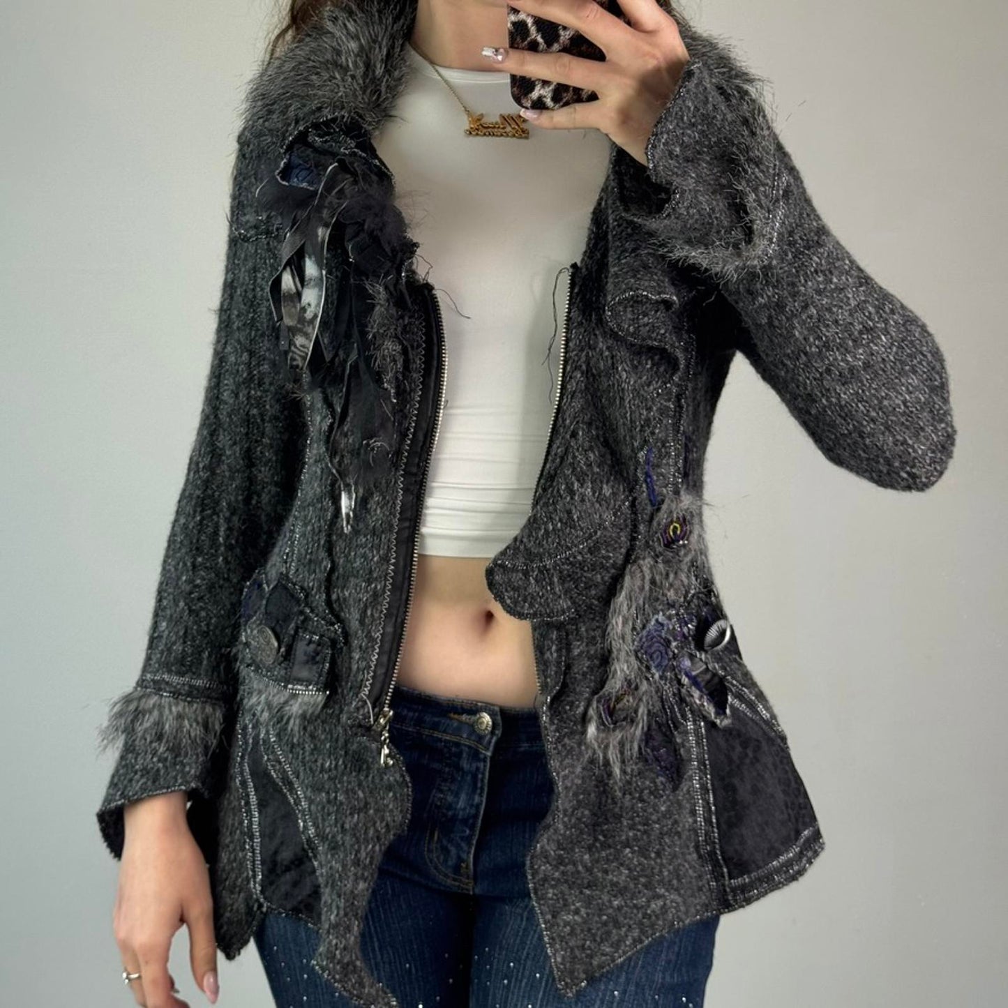 Y2K vintage archive knit patchwork zip up cardigan real fur leopard print button