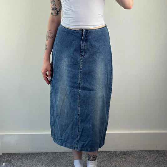 Y2K vintage denim maxi skirt a line stretchy faded light blue wash