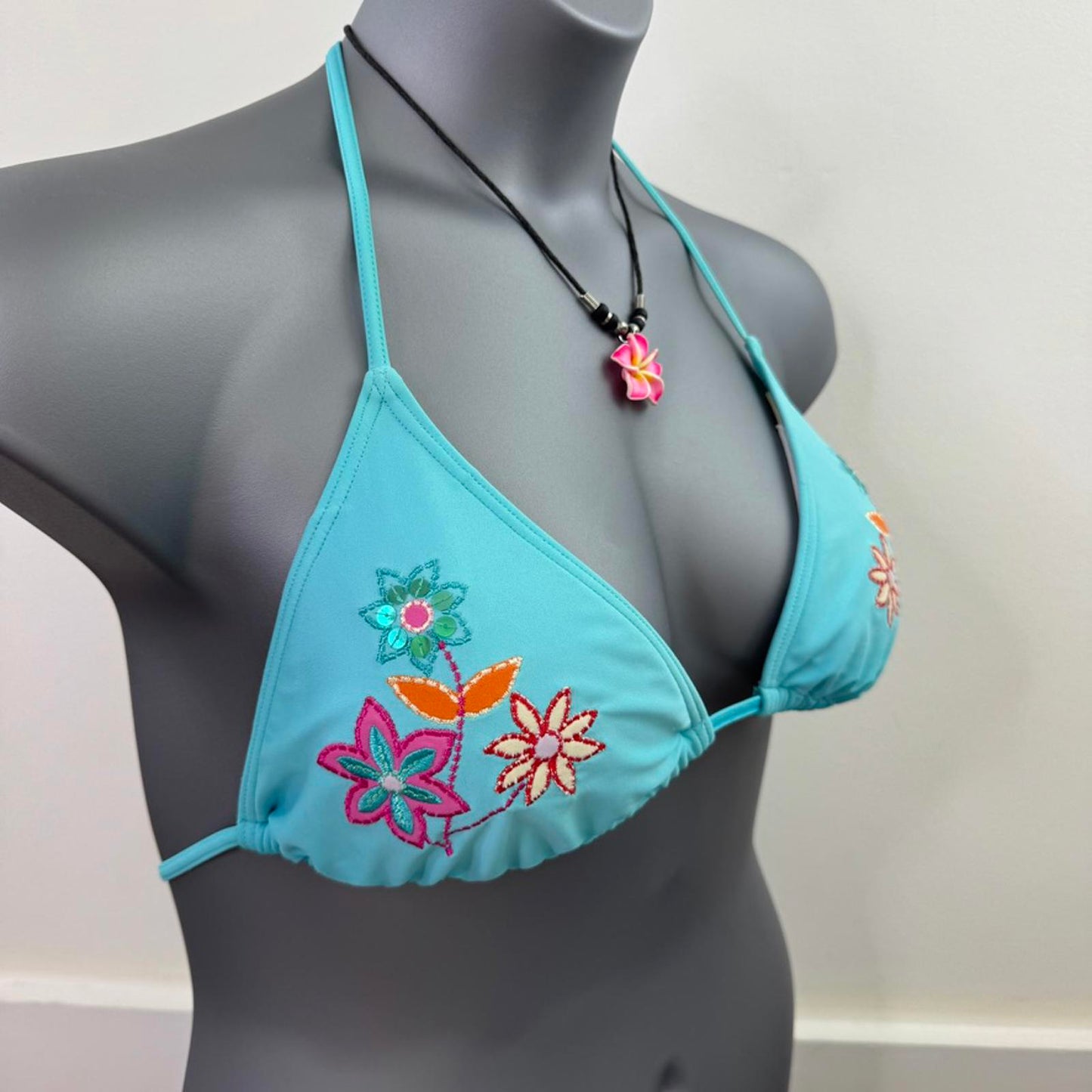 Y2K vintage halter neck bikini top floral embroidery blue padded bust