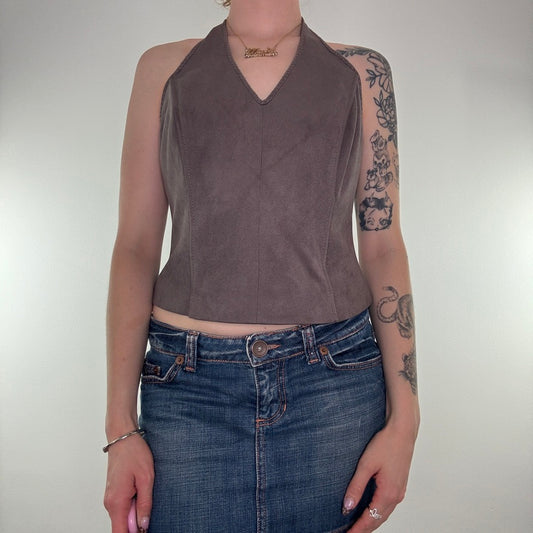 Y2K faux suede halter neck top