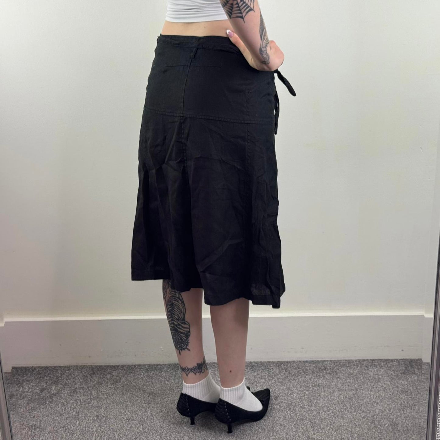 Y2K vintage 100% linen midi skirt wrap around knee length a line fit bow belt