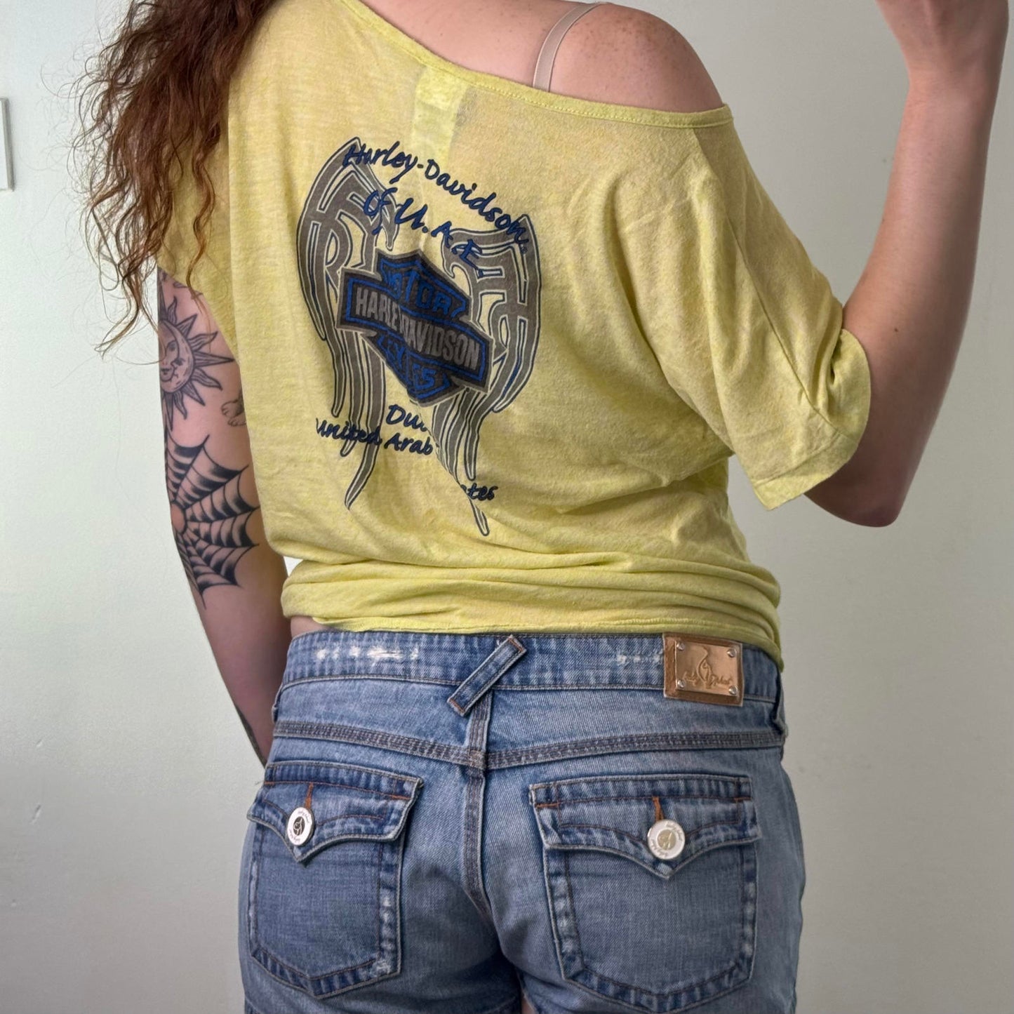 2014 Harley Davidson tribal angel wings slouchy top graphic print tie knot sheer