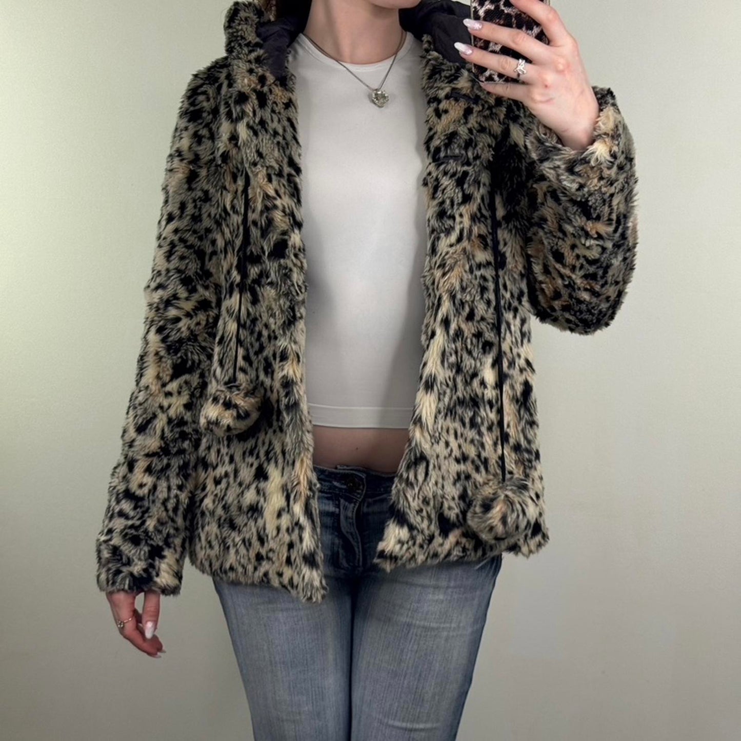 Y2K vintage River Island faux fur leopard print coat button up with hood pom pom