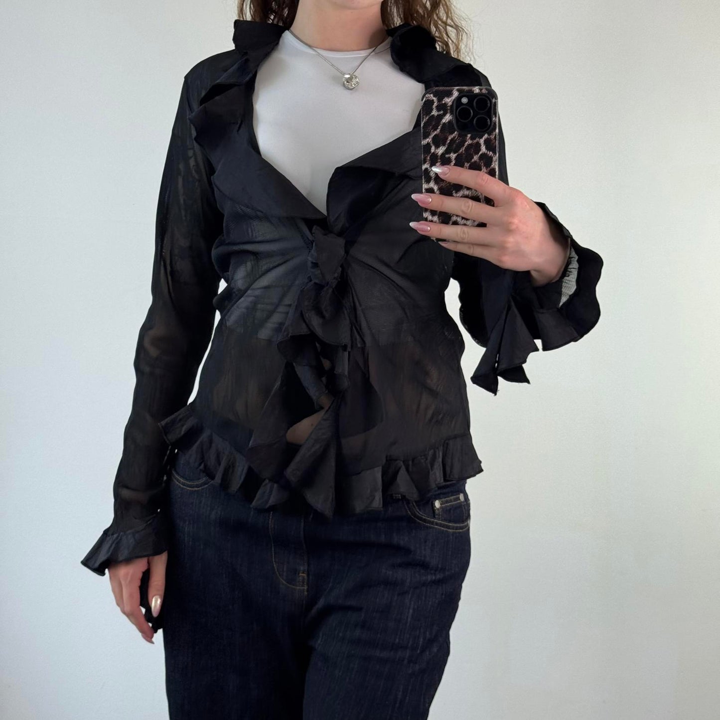 Y2K vintage sheer ruffle cardigan button up flare bell sleeve black v neck