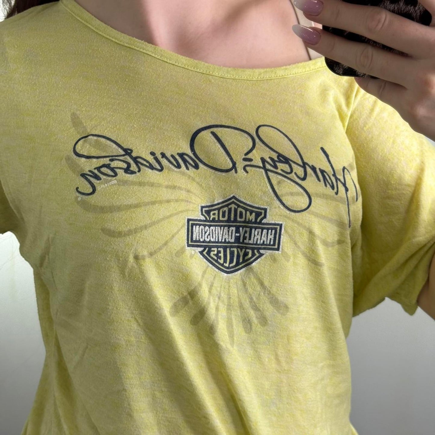 2014 Harley Davidson tribal angel wings slouchy top graphic print tie knot sheer