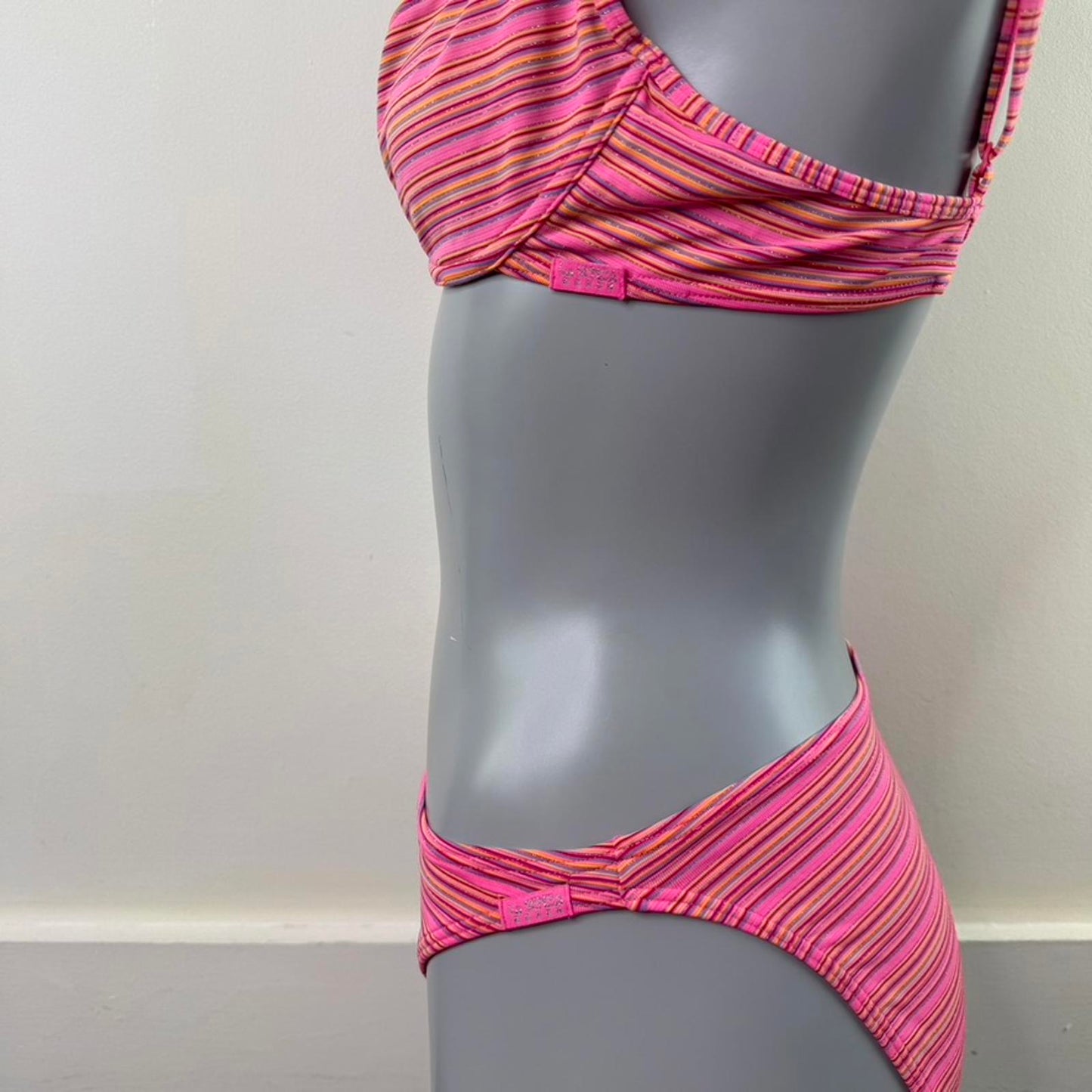 Y2K vintage stripe pink sparkly bikini set matching swimwear orange glittery