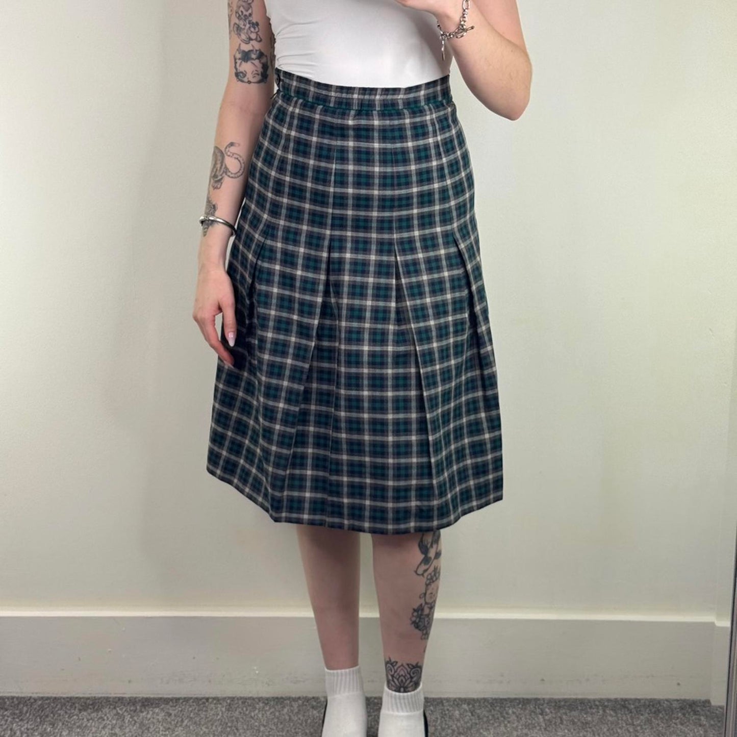 Y2K vintage 100% wool check tartan midi skirt a line lined blue green white