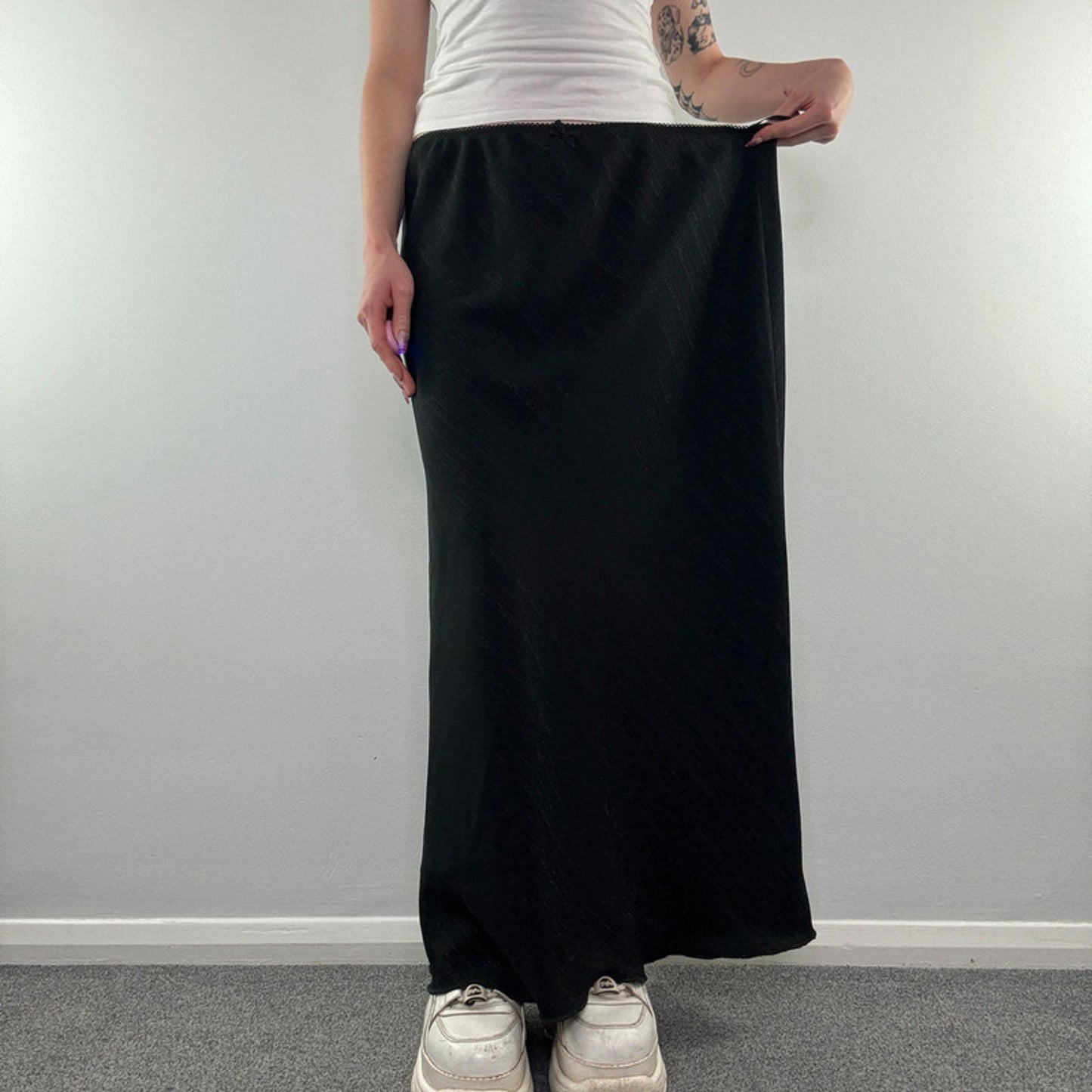 Y2K vintage sparkly stripe bow maxi skirt stretchy office work formal flowy