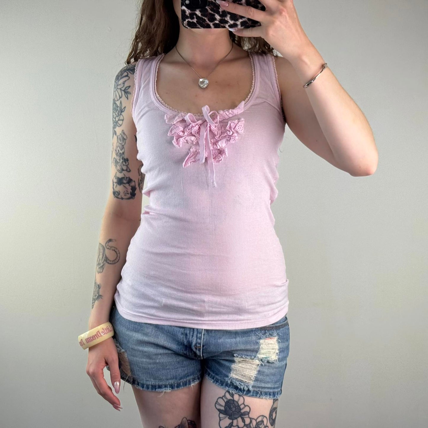 Y2K vintage ribbed tank top longline frilly bow broderie anglaise round neck