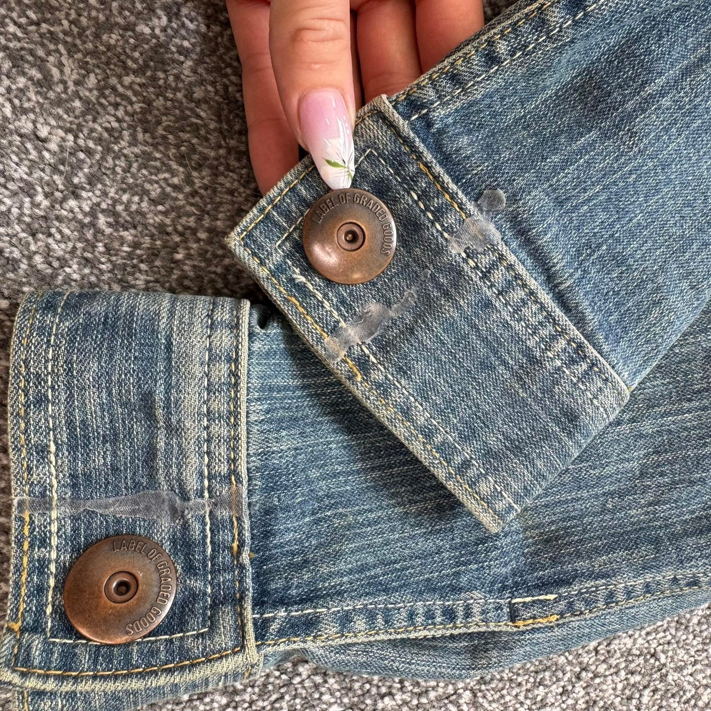 Y2K vintage stretchy fitted denim popper button up jacket faded light blue short