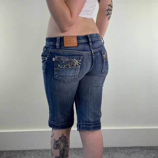 Y2K vintage low rise capri cropped jeans embroidered stars faded blue denim
