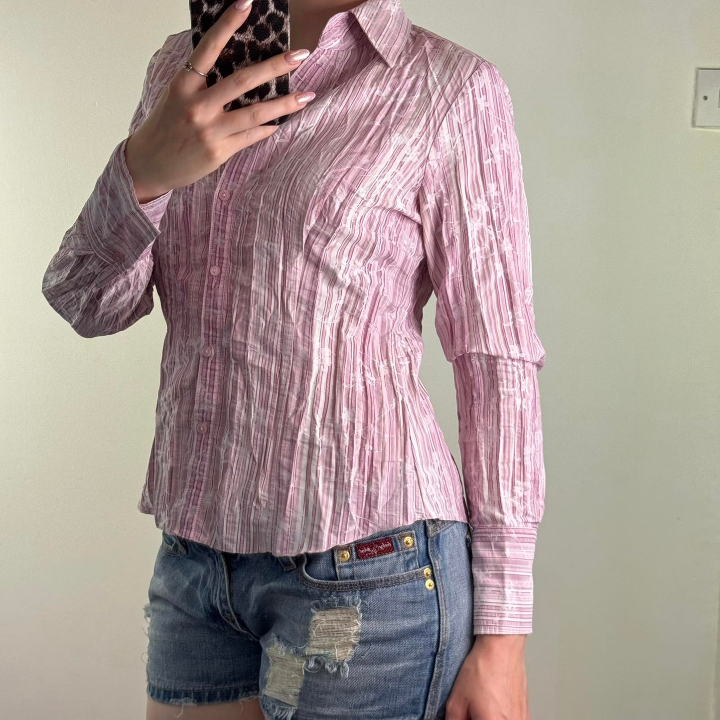 Y2K vintage pinstripe floral button up shirt long sleeve baby pink