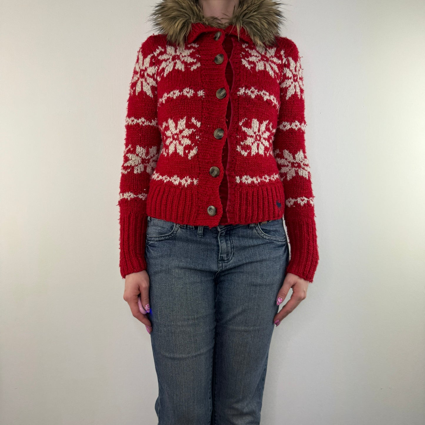 Y2K vintage Abercrombie & Fitch cardigan button up knit faux fur collar mcbling