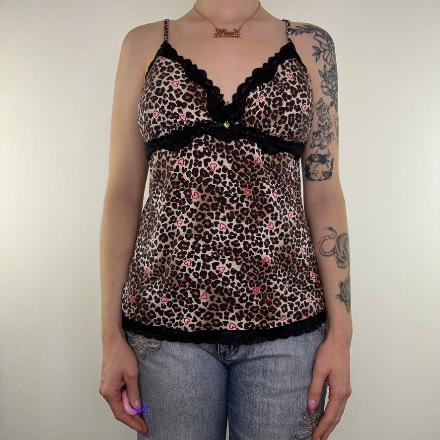 Y2K vintage leopard cami top padded bra built in support lace heart charm print