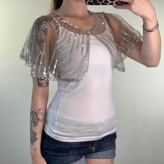 Y2K vintage cropped mesh shawl cape sequin embellished sheer boho festival chic