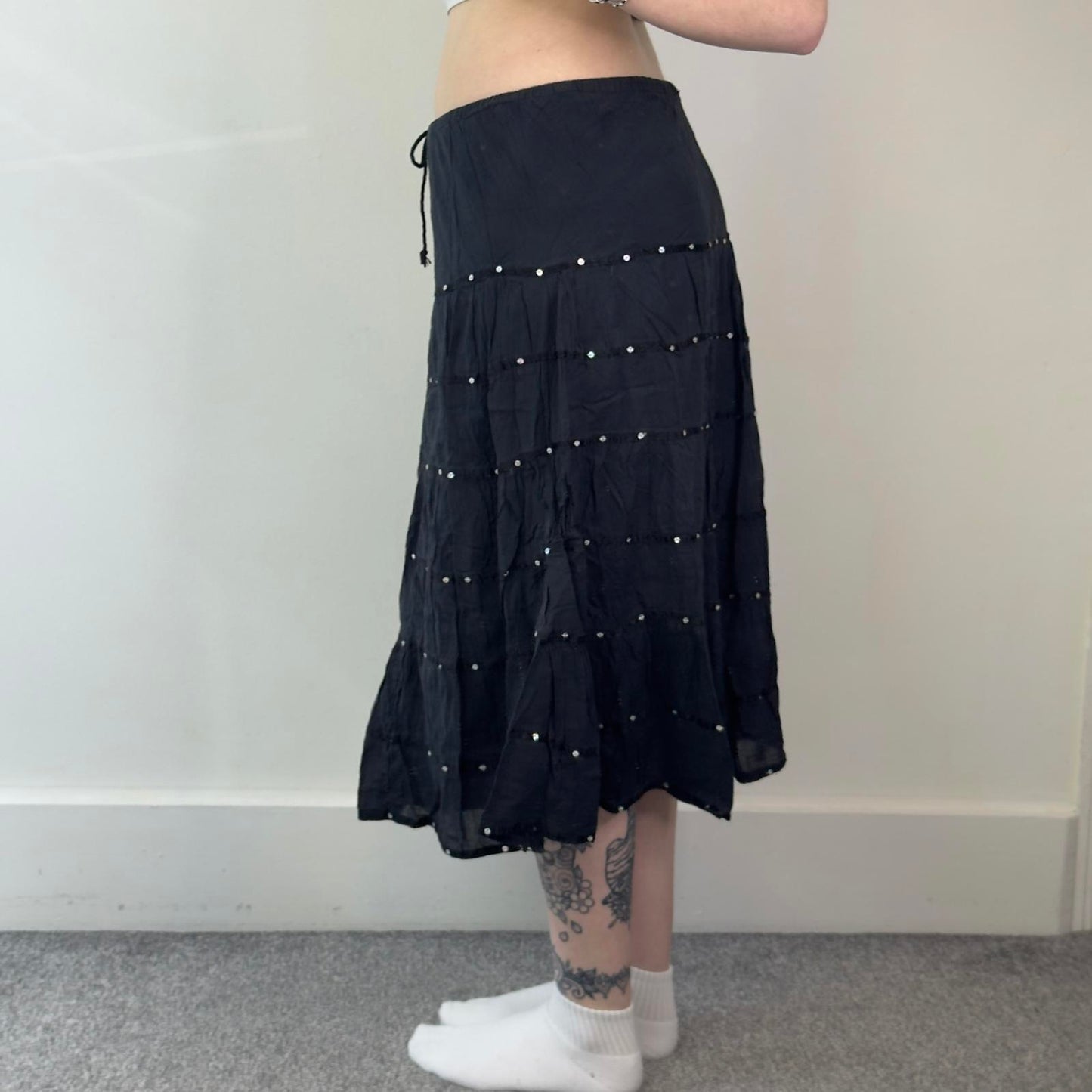 Y2K vintage tiered boho sequin a line floaty midi skirt boho festival cotton