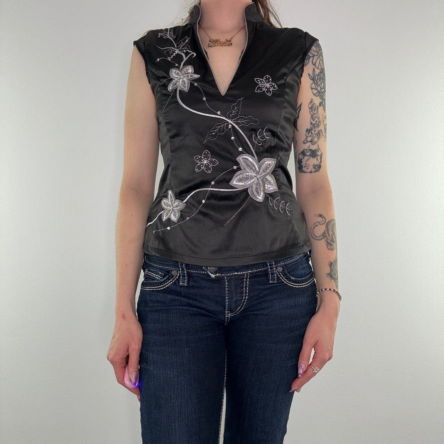 Y2K Jane Norman satin floral embroidered top