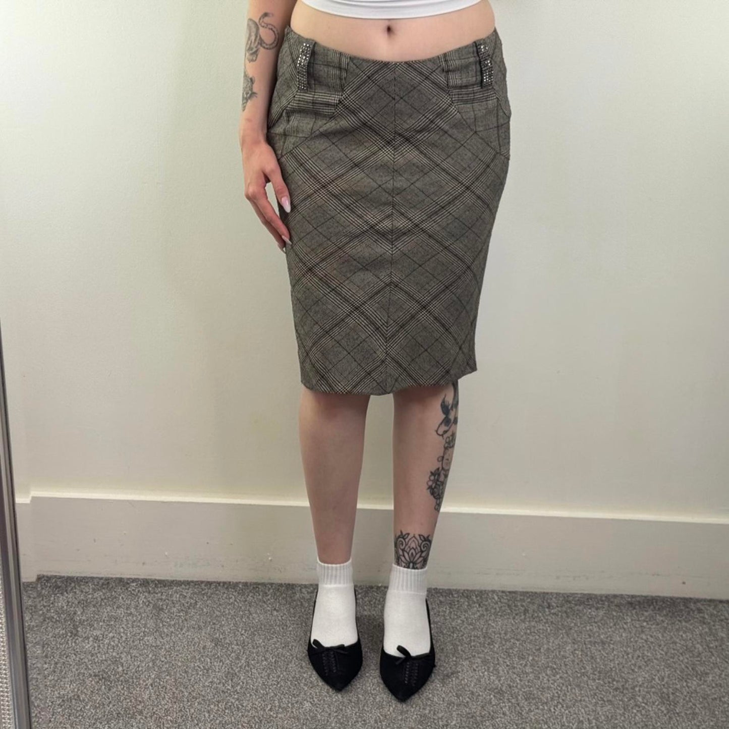 Y2K vintage houndstooth tartan check midi skirt lace up knee length rhinestone