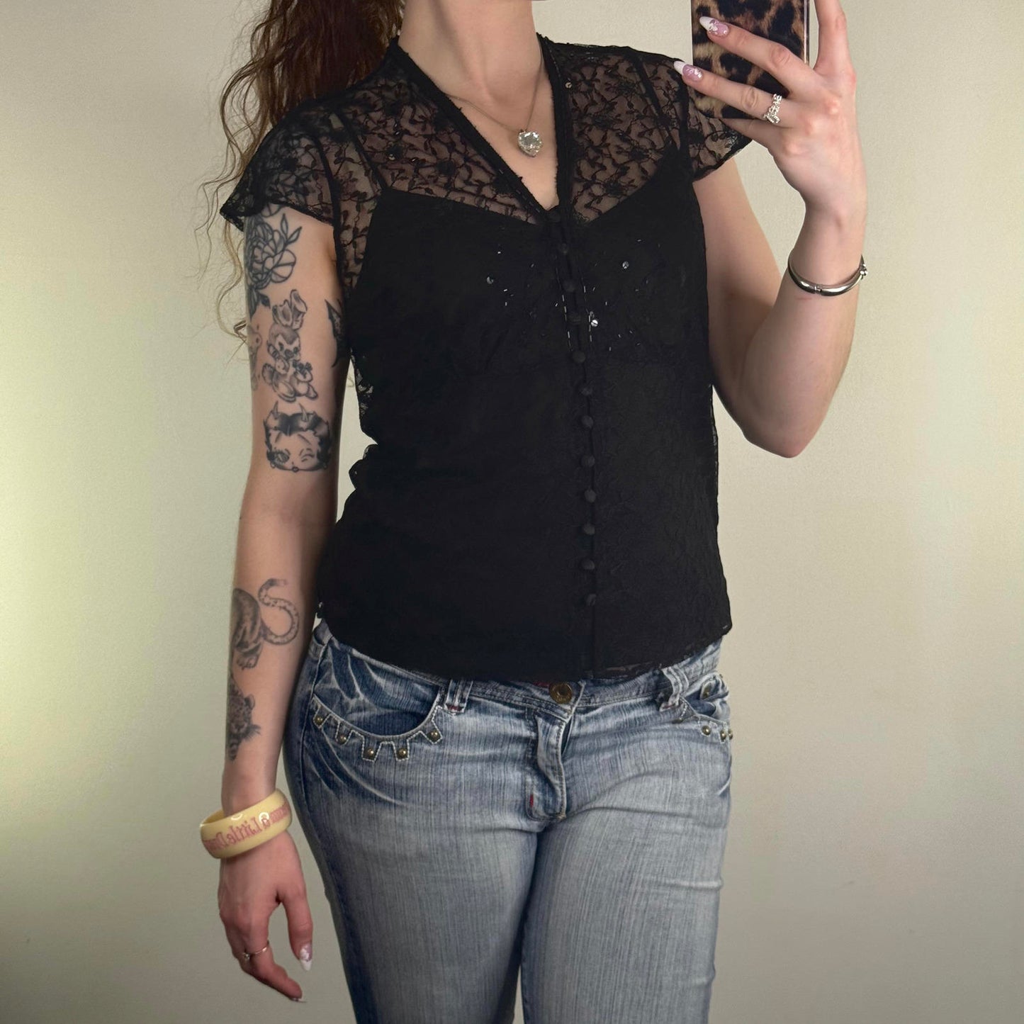 Y2K vintage blouse with cami sheer mesh beaded embellished button up cap sleeve