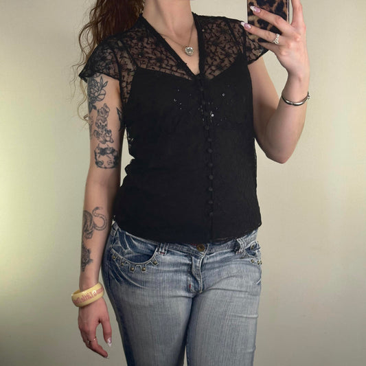 Y2K vintage blouse with cami sheer mesh beaded embellished button up cap sleeve