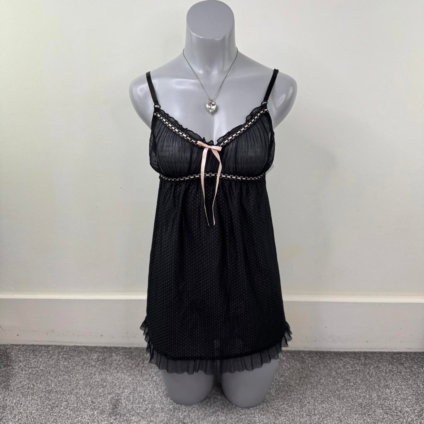 Y2K vintage sheer babydoll chemise bow ruffle black pink coquette nightie frill