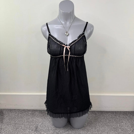 Y2K vintage sheer babydoll chemise bow ruffle black pink coquette nightie frill